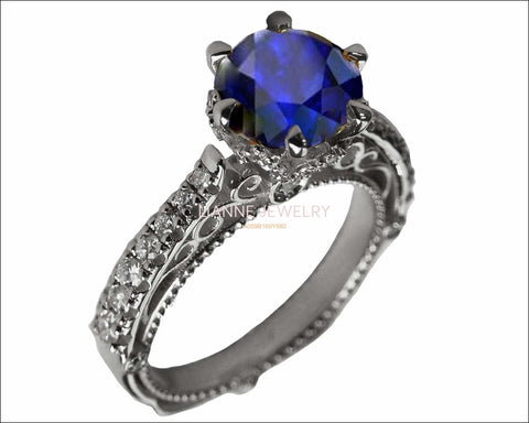 18K White Gold Sapphire Cathedral Filigree Flower Unique Diamond Engagement Ring 6 prongs - Lianne Jewelry