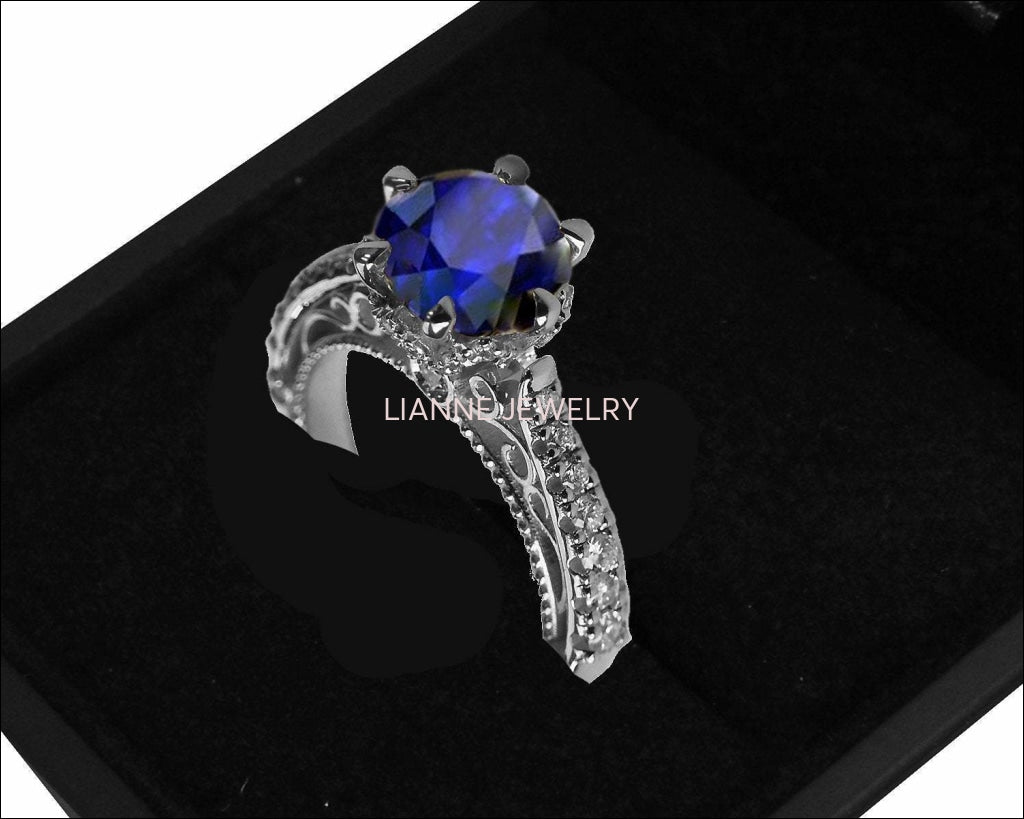 18K White Gold Sapphire Cathedral Filigree Flower Unique Diamond Engagement Ring 6 prongs - Lianne Jewelry