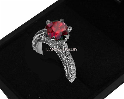 18K White Solid Gold Ruby Edwardian Filigree Flower Unique Diamond Engagement Ring 6 prongs - Lianne Jewelry