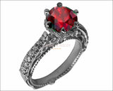 18K White Solid Gold Ruby Edwardian Filigree Flower Unique Diamond Engagement Ring 6 prongs - Lianne Jewelry