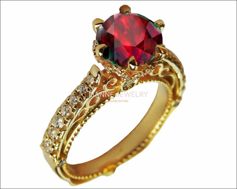18K Ruby Edwardian Filigree Flower Unique Diamond Engagement Ring 6 prongs - Lianne Jewelry