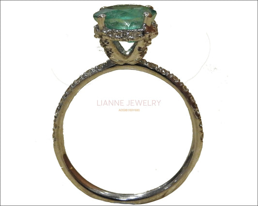 Emerald Ring Vintage Solitaire High Set with Diamonds in 14K White gold - Lianne Jewelry