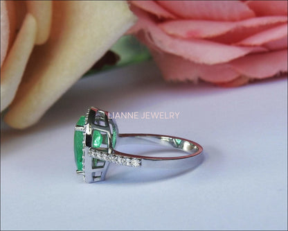 14K Pear Emerald Engagement Ring, Halo Pear Ring, Unique Engagement Ring - Lianne Jewelry