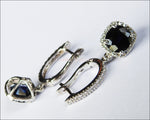 Squarish Dark Blue Sapphire Earrings, Halo Earrings, 14K White gold Leverback Dangle Earrings, Unique Sapphire Earrings - Lianne Jewelry