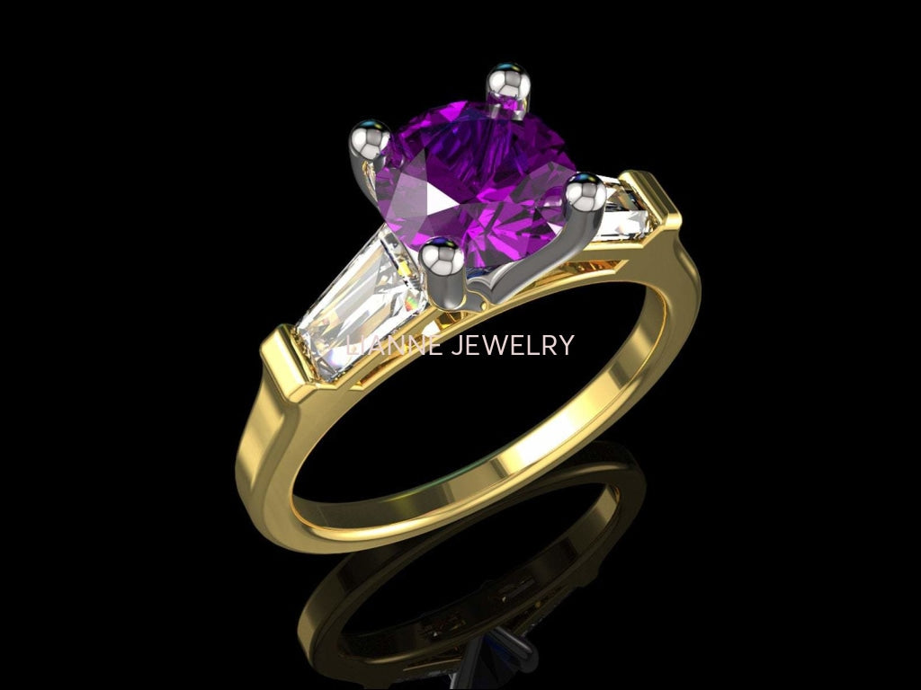 14K Amethyst with Tapered Baguettes Unique Engagement Ring, 3 Stone ring, Purple Ring - Lianne Jewelry