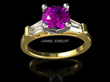 14K Amethyst with Tapered Baguettes Unique Engagement Ring, 3 Stone ring, Purple Ring - Lianne Jewelry