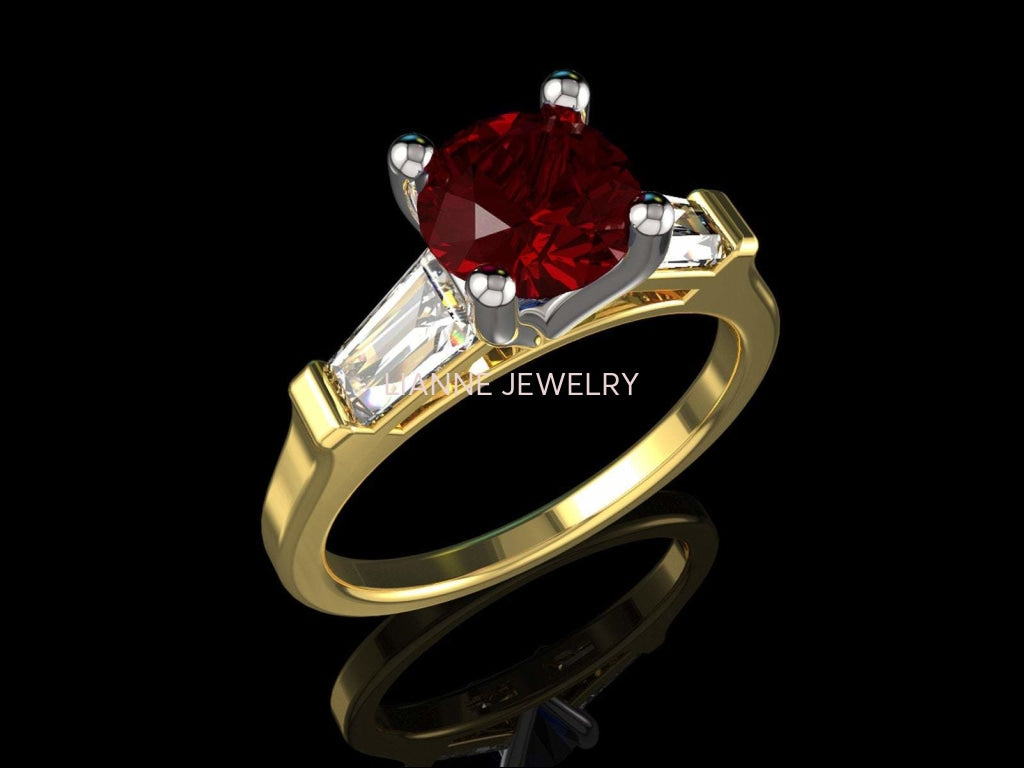 14K Round Ruby with Tapered Baguettes 3 Stone Ring, Unique Engagement Ring, Red Ring, Lab Ruby deep Fine Top Quality Red - Lianne Jewelry