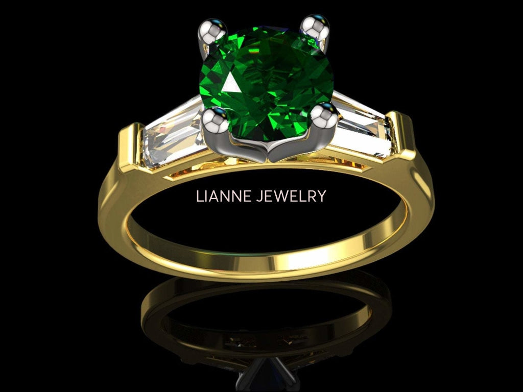 3 Stone Emerald Engagement Ring Tapered Baguettes Moissanite 2 Tone Vintage Lab Emerald Fine deep Green - Lianne Jewelry