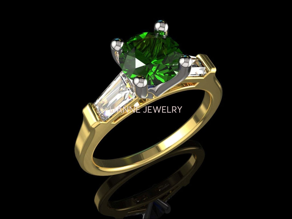 3 Stone Emerald Engagement Ring Tapered Baguettes Moissanite 2 Tone Vintage Lab Emerald Fine deep Green - Lianne Jewelry