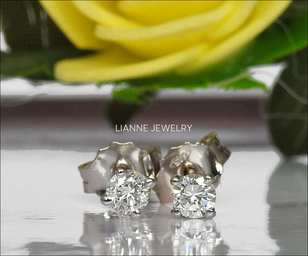 Solid Yellow Gold Girls Stud earrings, 14K Small Earrings, White Sapphire Studs, Christmas Gift - Lianne Jewelry