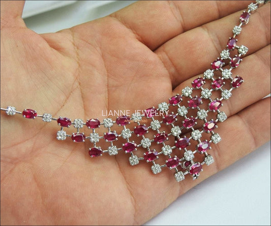 21 ct Unique Necklace Ruby Diamond 14K Gold 45 grams Vintage Ruby Necklace - Lianne Jewelry