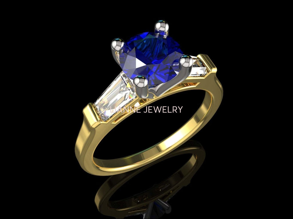 14K Sapphire 3 Stone Engagement Ring Tapered Baguettes Moissanite 2 Tone Vintage Lab Sapphire 7mm Round Extra Fine Royal Blue - Lianne Jewelry