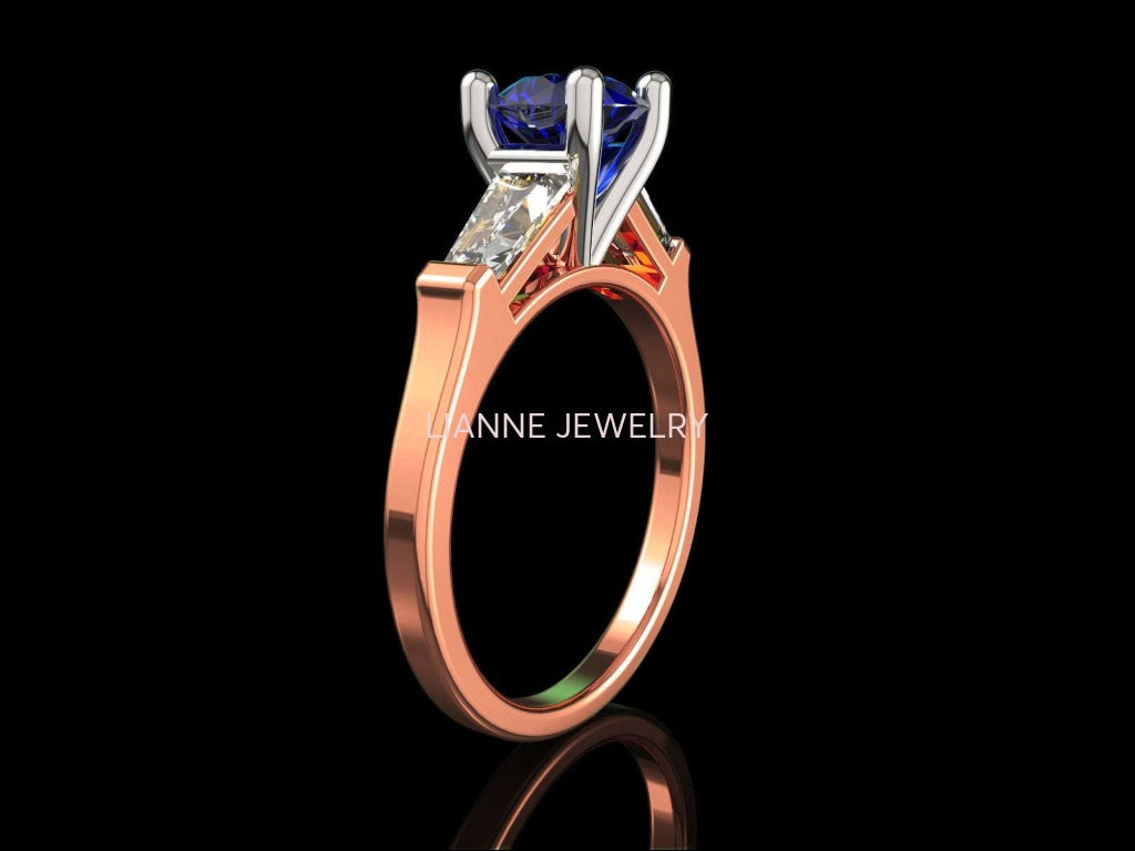 2 Tone 14K Rose gold 3 Stone Ring Lab Sapphire 7mm Round Extra Fine Royal Blue Flanked with Moissanite Tapered Baguettes - Lianne Jewelry