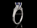 14K Solid White Gold 3 Stone Ring Extra Fine Royal Blue Lab Sapphire Flanked with Moissanite Sparkling Tapered Baguettes - Lianne Jewelry