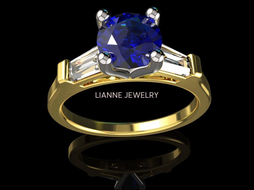 14K Sapphire 3 Stone Engagement Ring Tapered Baguettes Moissanite 2 Tone Vintage Lab Sapphire 7mm Round Extra Fine Royal Blue - Lianne Jewelry