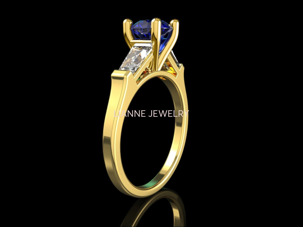 Solid Gold Sapphire Ring 3 Stone Ring Lab Sapphire in Center of 2 Moissanite Sparkling Tapered Baguettes - Lianne Jewelry