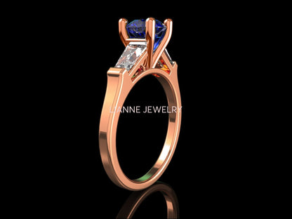 14K Solid Rose Gold 3 Stone Ring Extra Fine Royal Blue Lab Sapphire Flanked with Moissanite Sparkling Tapered Baguettes - Lianne Jewelry