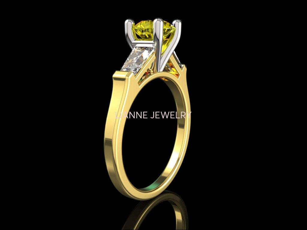 3 Stone Yellow Stone Ring Tapered Baguettes 14K Yellow Gold Yellow Lab Sapphire Engagement Ring - Lianne Jewelry