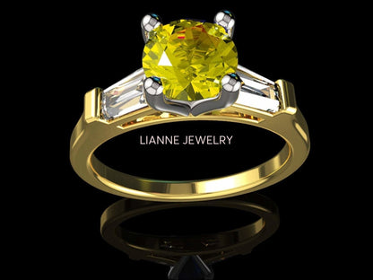 3 Stone Yellow Stone Ring Tapered Baguettes 14K Yellow Gold Yellow Lab Sapphire Engagement Ring - Lianne Jewelry