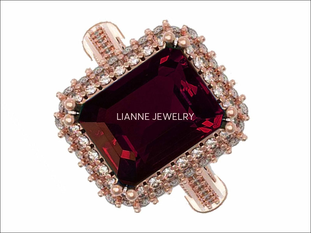 18K Rose Gold Red Emerald cut Lab Tourmaline, Unique Engagement Ring surrounded with 76 Diamonds - Lianne Jewelry