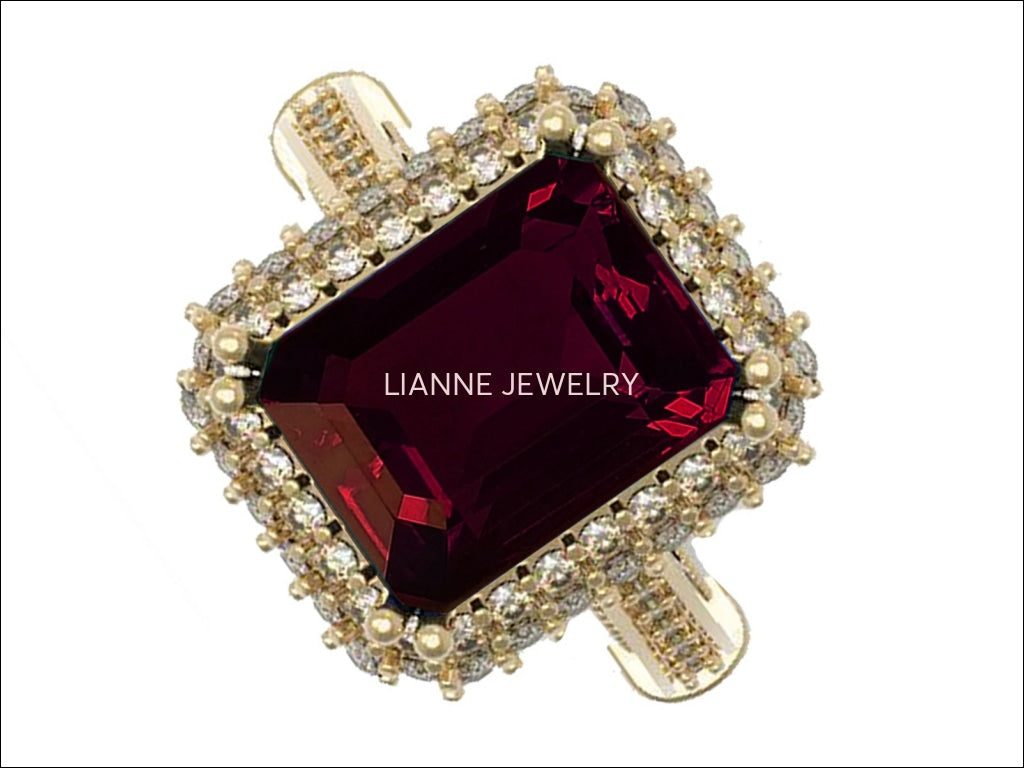 18K Gold Red Emerald cut Lab Tourmaline, Unique Engagement Ring surrounded with 76 Diamonds - Lianne Jewelry