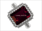 18K White Gold Red Emerald cut Lab Tourmaline, Unique Engagement Ring surrounded with 76 Diamonds - Lianne Jewelry