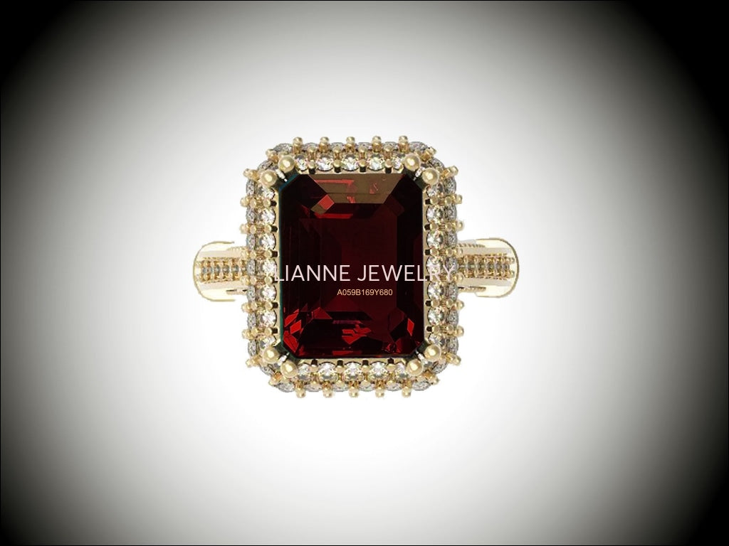 18K Gold Red Emerald cut Lab Tourmaline, Unique Engagement Ring surrounded with 76 Diamonds - Lianne Jewelry