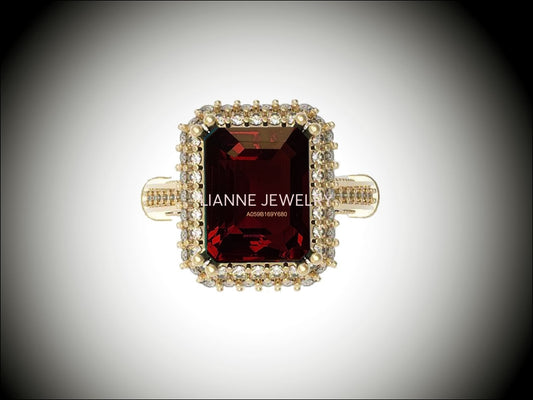 18K Gold Red Emerald cut Lab Tourmaline, Unique Engagement Ring surrounded with 76 Diamonds - Lianne Jewelry