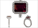 18K White Gold Red Emerald cut Lab Tourmaline, Unique Engagement Ring surrounded with 76 Diamonds - Lianne Jewelry