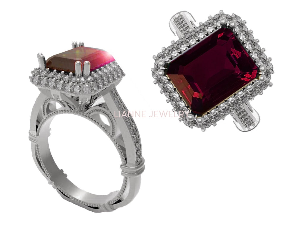 18K White Gold Red Emerald cut Lab Tourmaline, Unique Engagement Ring surrounded with 76 Diamonds - Lianne Jewelry