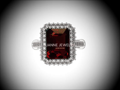 18K White Gold Red Emerald cut Lab Tourmaline, Unique Engagement Ring surrounded with 76 Diamonds - Lianne Jewelry