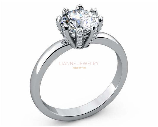 White gold Moissanite Engagement Ring, with 8 prongs, Solitaire Engagement Ring, 14K gold Ring, Diamonds on Prongs - Lianne Jewelry