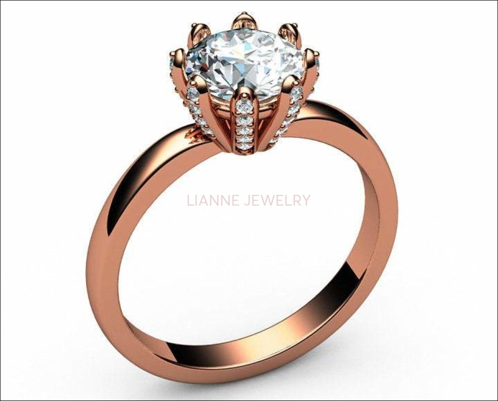 White gold Moissanite Engagement Ring, with 8 prongs, Solitaire Engagement Ring, 14K gold Ring, Diamonds on Prongs - Lianne Jewelry