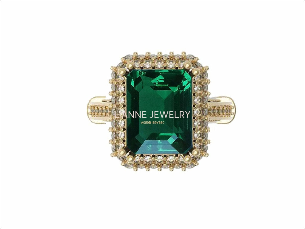 Emerald Engagement Ring Milgrain Pave Diamond all around Halo Emerald Ring 18K Solid Gold Diana Ring Vintage Style Emerald May Birthstone - Lianne Jewelry