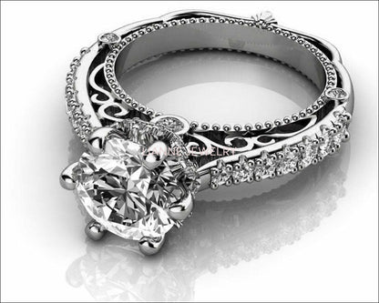 White Gold 2.5 ct Filigree Solitaire 6 prongs 18K Avant Garde Unique Moissanite Engagement Ring - Lianne Jewelry