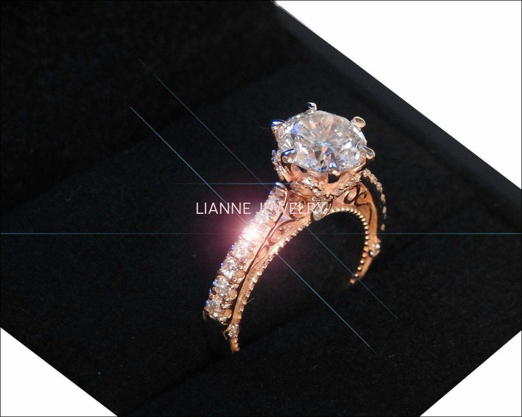 Rose Gold 2.5 ct Filigree Solitaire 6 prongs 18K Celtic Unique Moissanite Engagement Ring - Lianne Jewelry