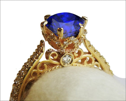 18K Sapphire Edwardian Filigree Flower Unique Diamond Engagement Ring 6 prongs - Lianne Jewelry