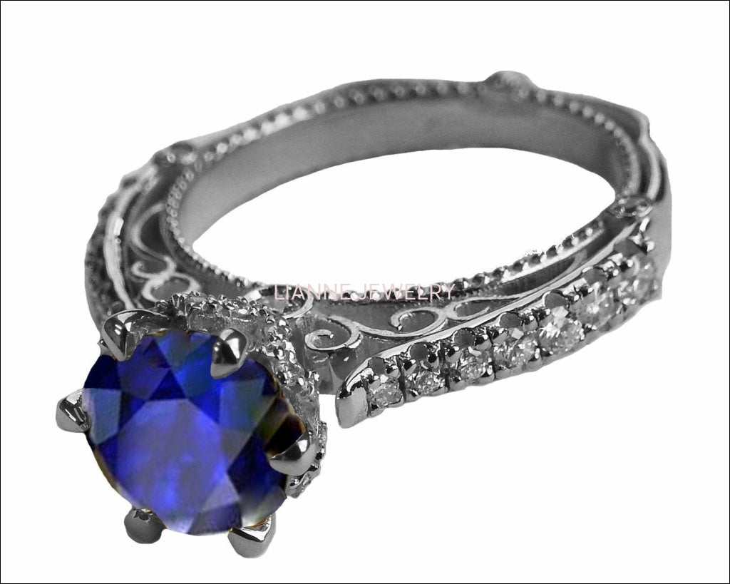 18K White Gold Sapphire Cathedral Filigree Flower Unique Diamond Engagement Ring 6 prongs - Lianne Jewelry