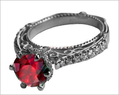 18K White Solid Gold Ruby Edwardian Filigree Flower Unique Diamond Engagement Ring 6 prongs - Lianne Jewelry