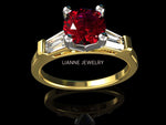14K Round Ruby with Tapered Baguettes 3 Stone Ring, Unique Engagement Ring, Red Ring, Lab Ruby deep Fine Top Quality Red - Lianne Jewelry