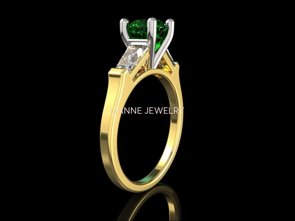 3 Stone Emerald Engagement Ring Tapered Baguettes Moissanite 2 Tone Vintage Lab Emerald Fine deep Green - Lianne Jewelry