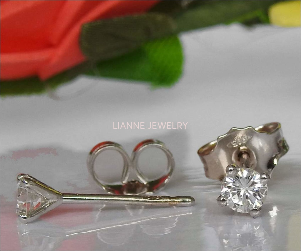 14K Gold Studs, Girl Earrings, Small Stud Earrings, White Sapphire Studs, Christmas Gift - Lianne Jewelry