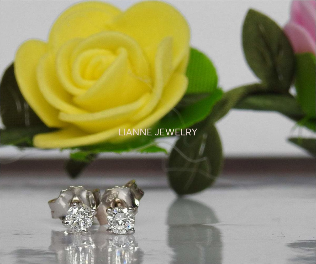 Solid Yellow Gold Girls Stud earrings, 14K Small Earrings, White Sapphire Studs, Christmas Gift - Lianne Jewelry