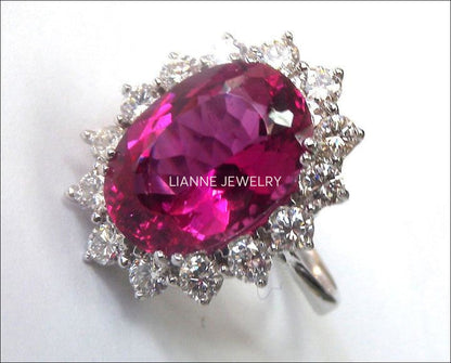 Unique 14K Rubellite Tourmaline Diamond Ring, Oval Pink Tourmaline Ring, Unique Engagement Ring, Certified Gemstone - Lianne Jewelry