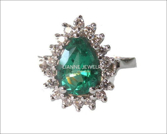 Vintage Emerald Ring Pear shape Emerald diamonds 14K White gold Frame Pave Diana ring F VS-1 Diamonds surround the Emerald May Birthstone - Lianne Jewelry