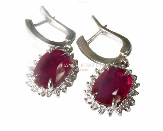 Halo Cluster Earrings, Dainty Vintage Earrings, Leverback Genuine Ruby 14K White gold, Oval Ruby surrounded with Diamonds - Lianne Jewelry