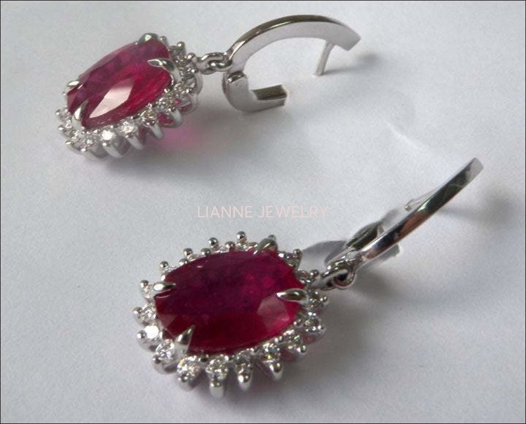 Halo Cluster Earrings, Dainty Vintage Earrings, Leverback Genuine Ruby 14K White gold, Oval Ruby surrounded with Diamonds - Lianne Jewelry