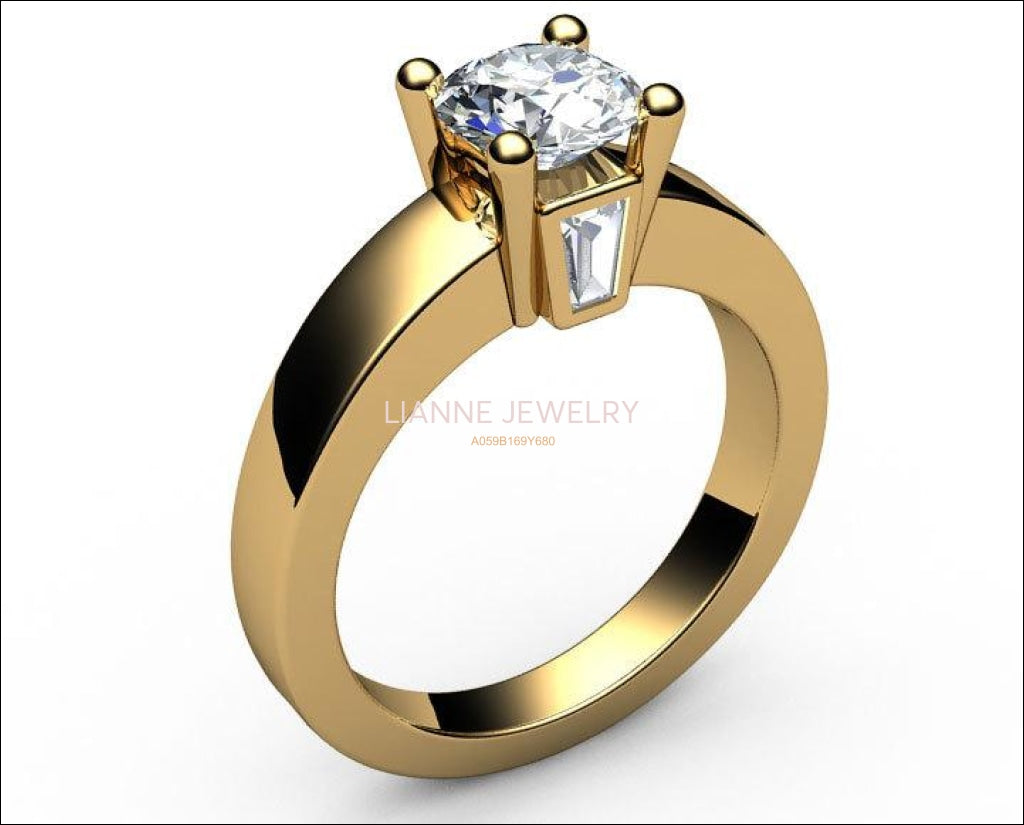 Gold ring Unique moissanite engagement ring Solitaire flanked by 2 taper baguettes Diamonds in 18K Yellow or 18K White Gold - Lianne Jewelry