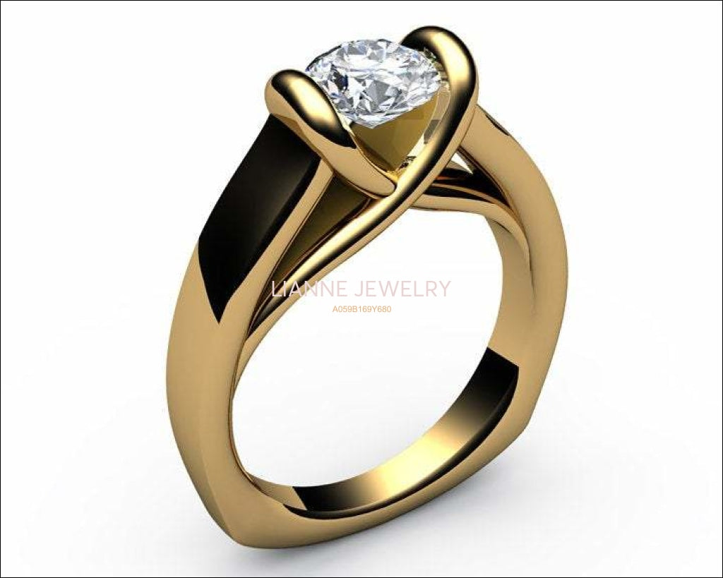 Unique Diamond Engagement Ring Solitaire Ring Bar setting Tension Heavy Ring 18K Yellow or 18K White gold - Lianne Jewelry