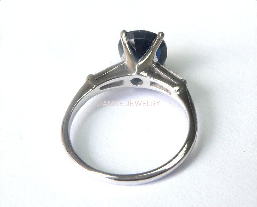 3 Stone Vintage Sapphire ring 8mm round Dark Sapphire flanked by 2 tapered baguette diamonds Gorgeous ring in White Gold - Lianne Jewelry